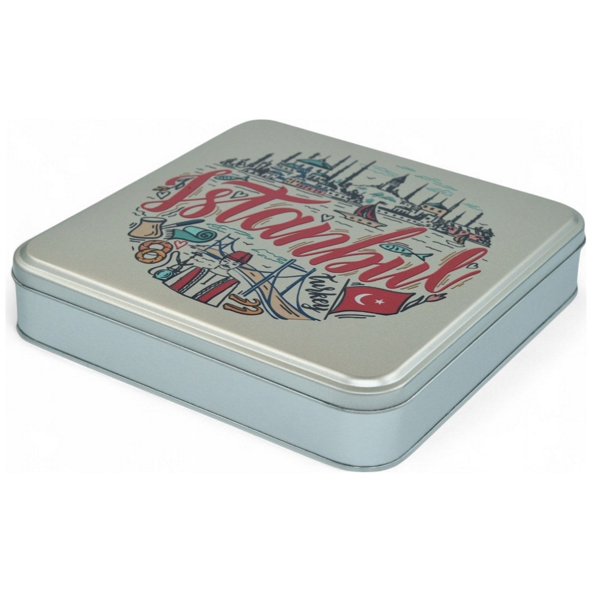 Custom Printed 218x218x40 mm Matte Silver Square Tin Box