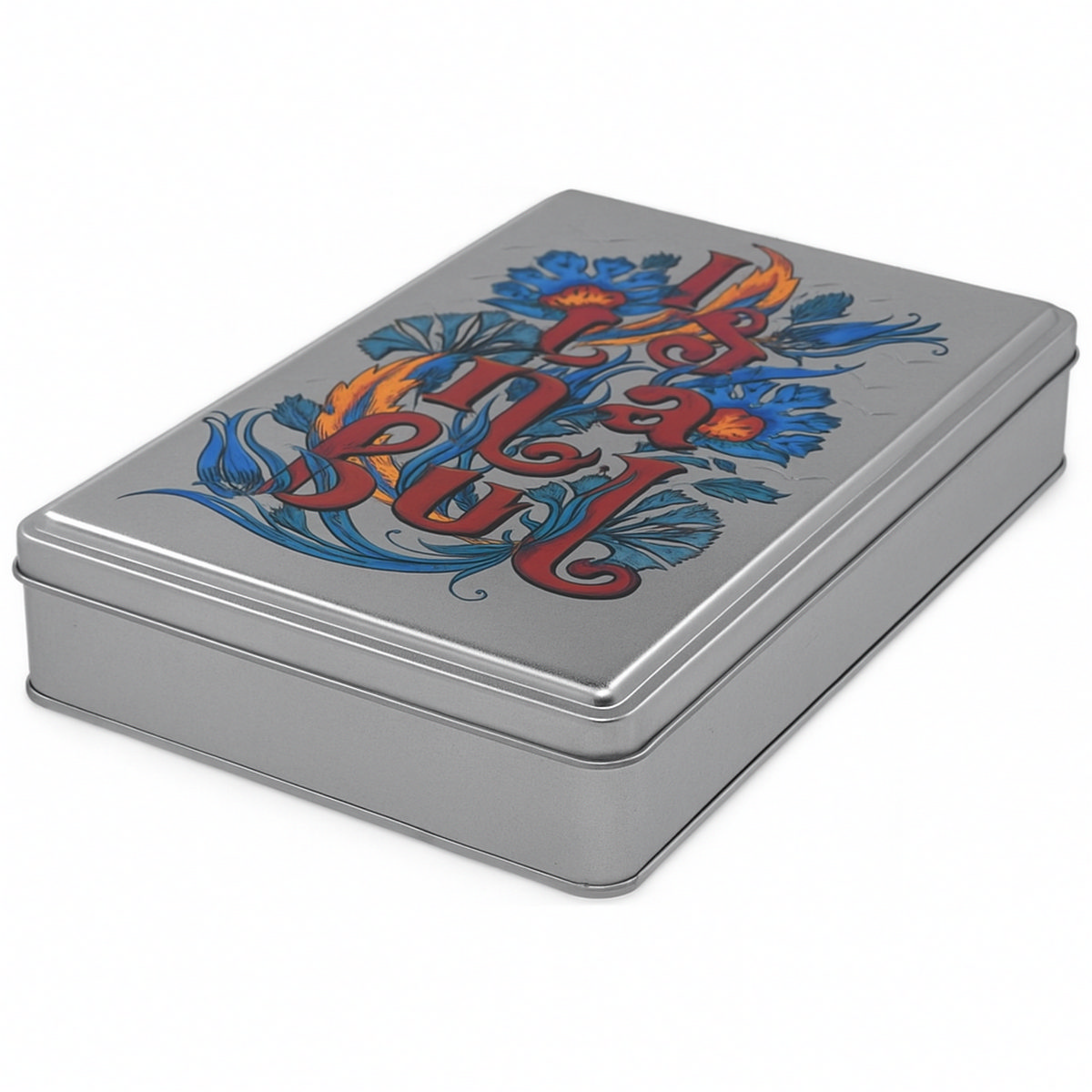 Custom Printed 200x300x46 mm Matte Silver Rectangular Tin Box