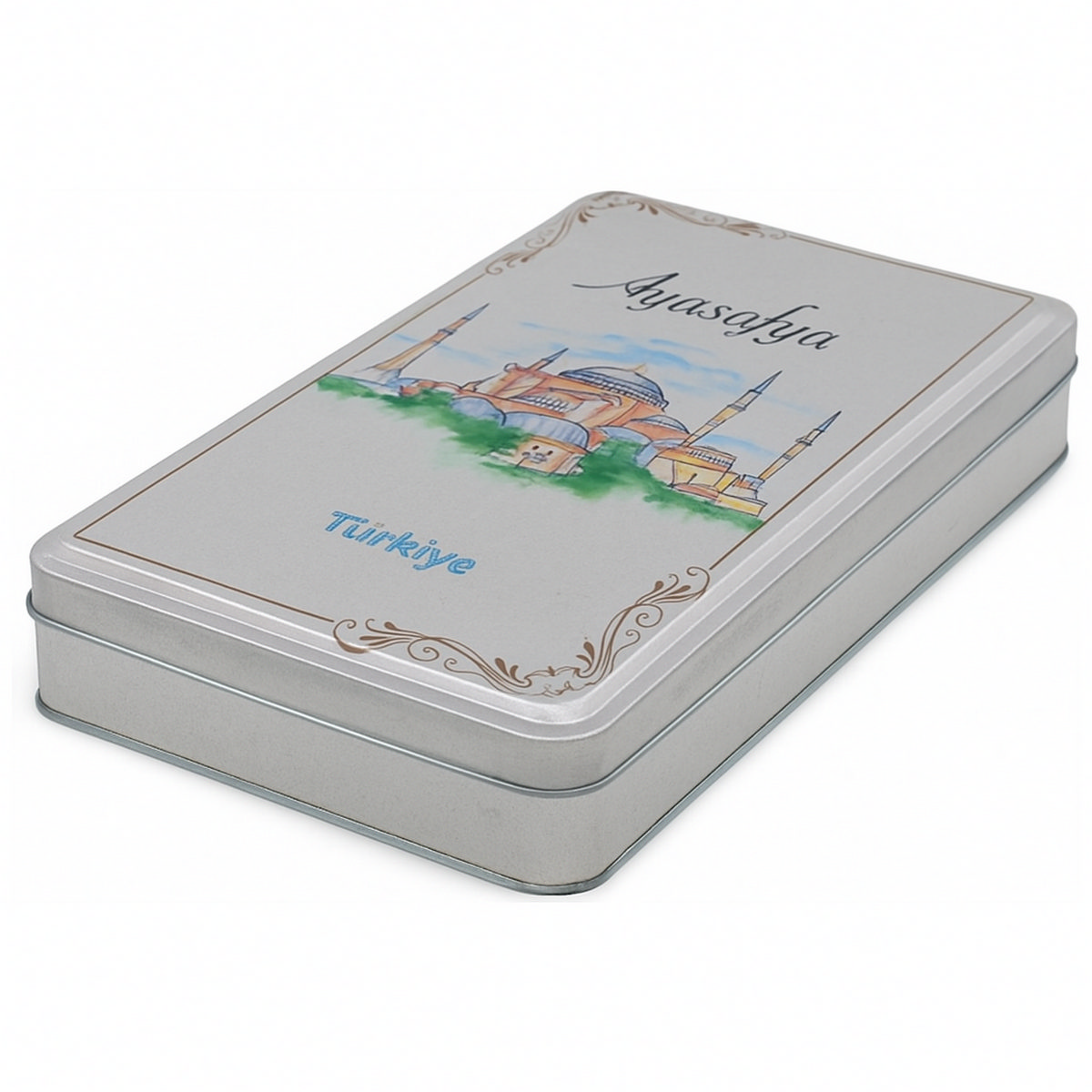 Custom Printed 200x300x46 mm Matte Silver Rectangular Tin Box