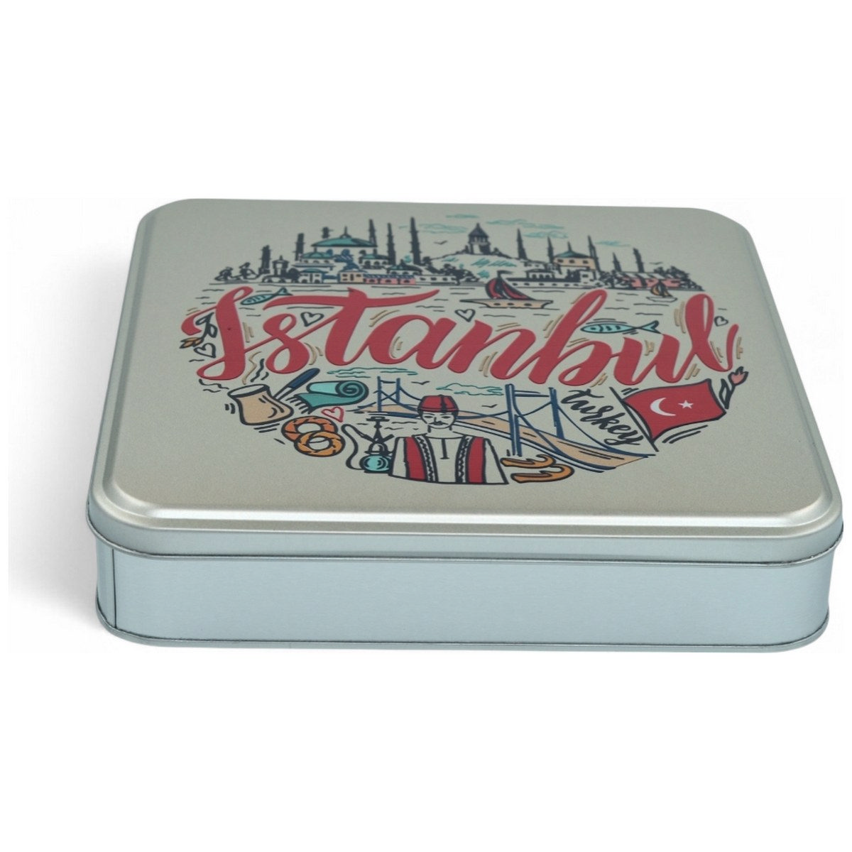 Custom Printed 158x158x40 mm Matte Silver Square Tin Box