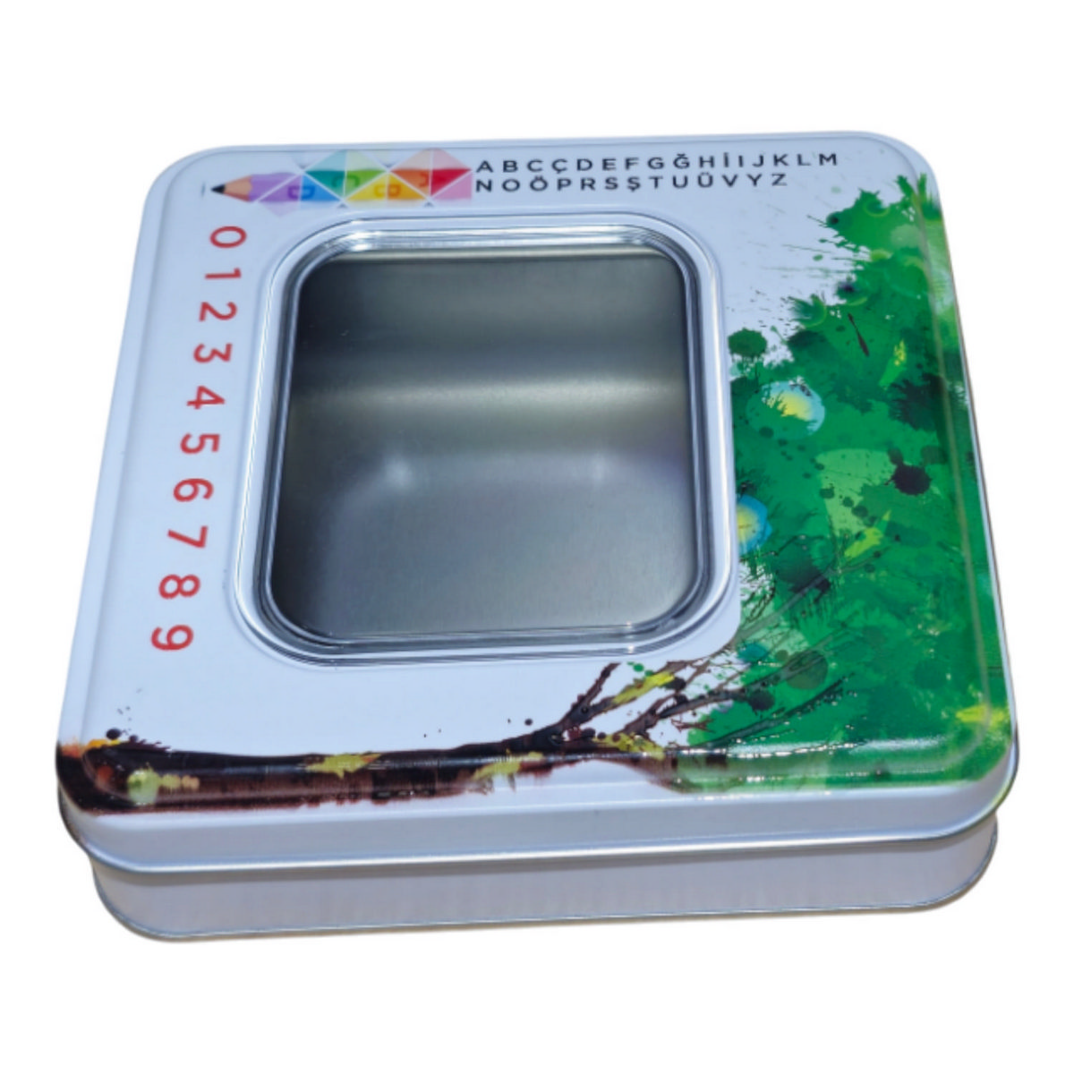 Custom Printed 160x160x40 mm Silver Square Tin Box with Window