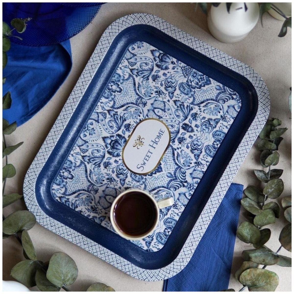 233 x 307 mm Rectangular Metal Tray Azulejo-Inspired Blue &amp; White Decorative Pattern