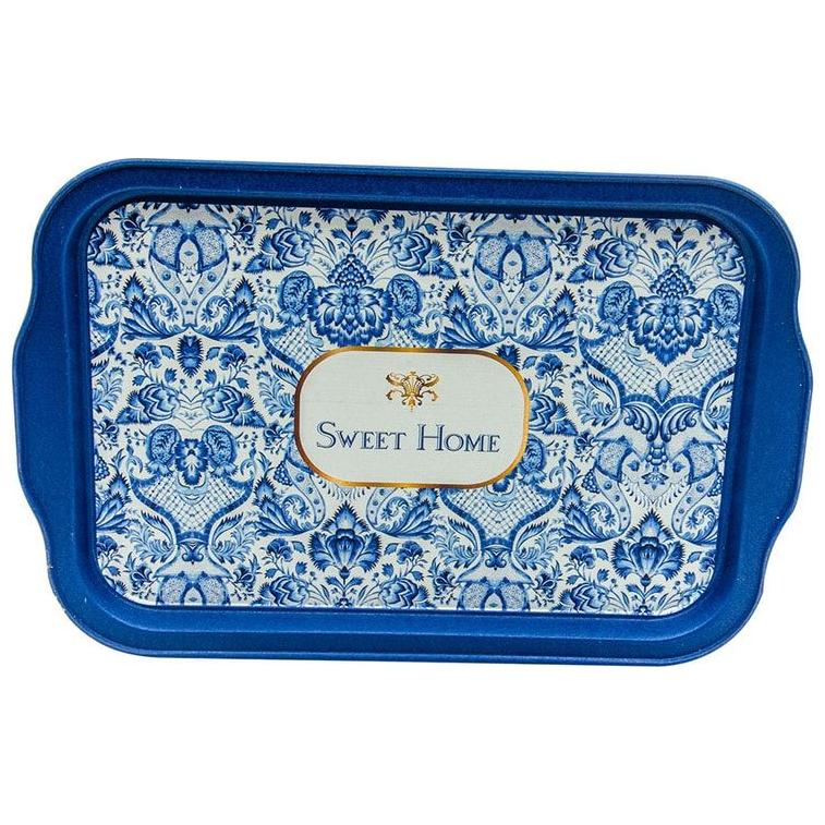 215x316 mm  Rectangular Metal Tray Handle Azulejo-Inspired Blue &amp; White Decorative Pattern