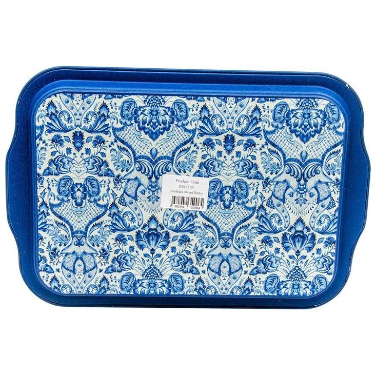 215x316 mm  Rectangular Metal Tray Handle Azulejo-Inspired Blue &amp; White Decorative Pattern