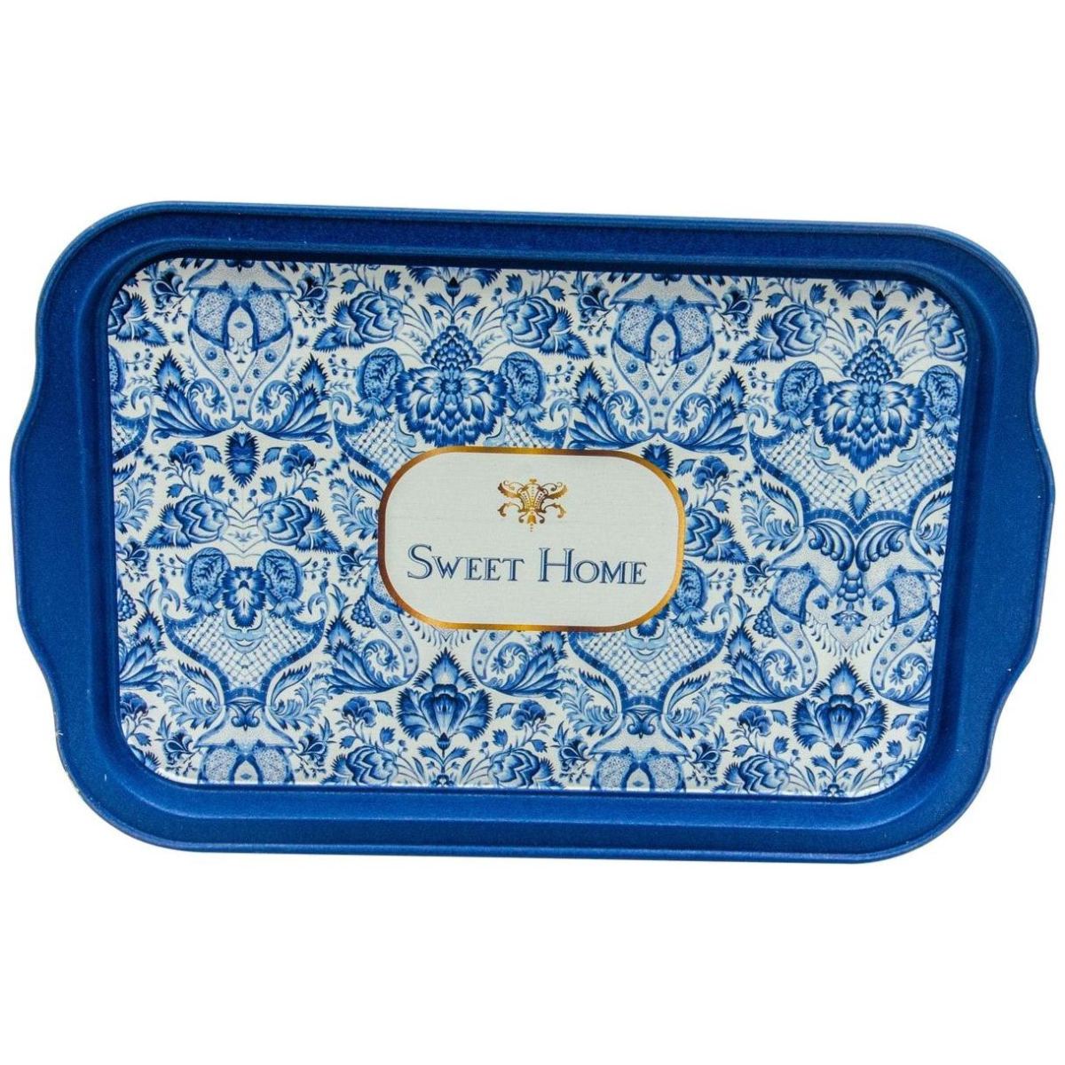 215x316 mm  Rectangular Metal Tray Handle Azulejo-Inspired Blue &amp; White Decorative Pattern