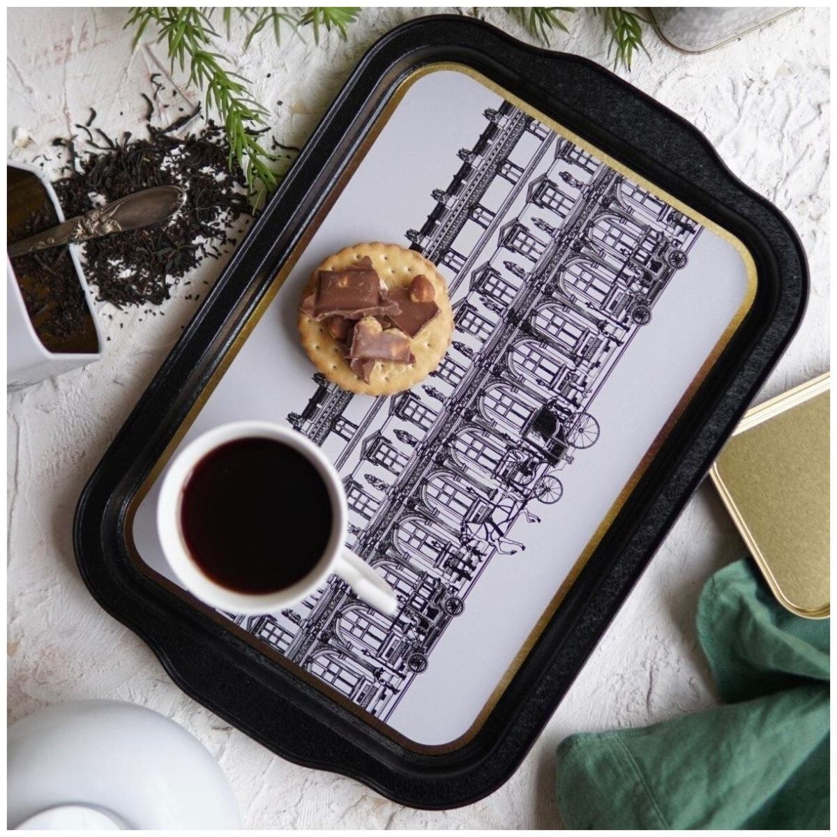 215x316 mm Rectangular Metal Tray Handle vintage cityscapes illustration