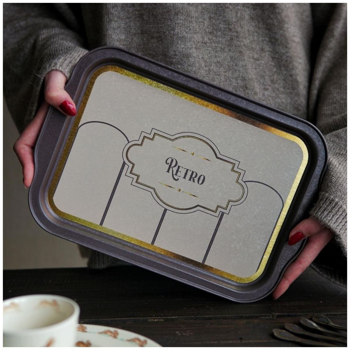 215x316 mm Rectangular Metal Tray Handle Retro