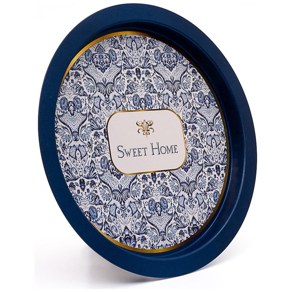  Ø370 mm Round Metal Tray  Azulejo-Inspired Blue &amp; White Decorative Pattern