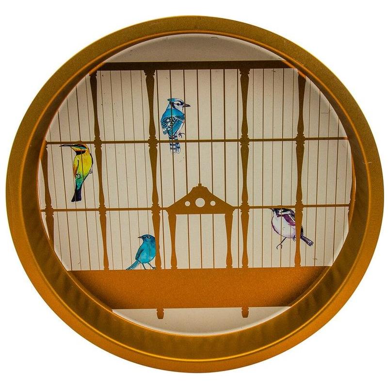 Ø370 mm Round Metal Tray Vintage Birdcage Illustration with Colorful Birds
