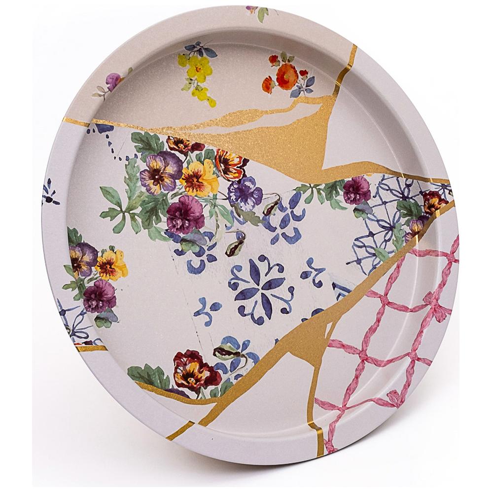 Ø370 mm Round Metal Tray Kintsugi Gold vein Flower
