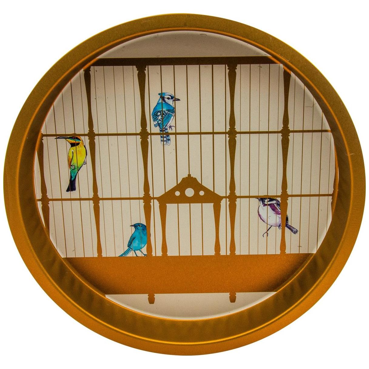  Ø370 mm Round Metal Tray  Vintage Birdcage Illustration with Colorful Birds