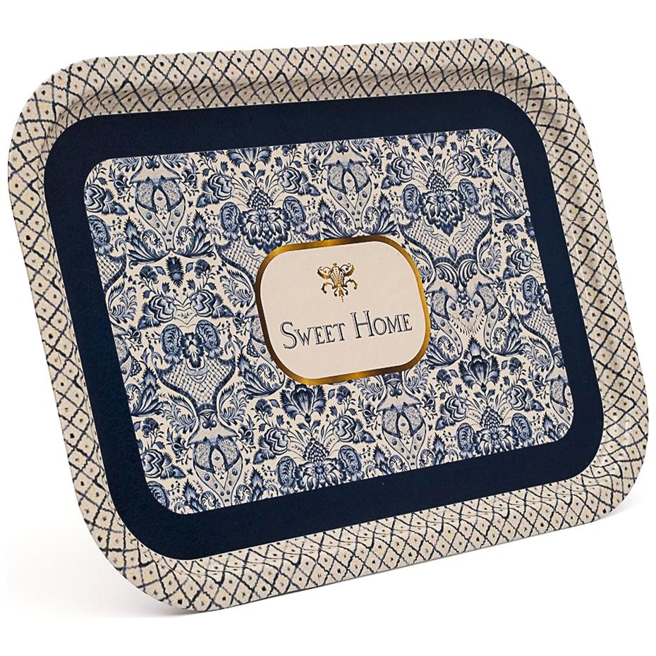 285x400 mm Rectangular Metal Tray Azulejo-Inspired Blue &amp; White Decorative Pattern