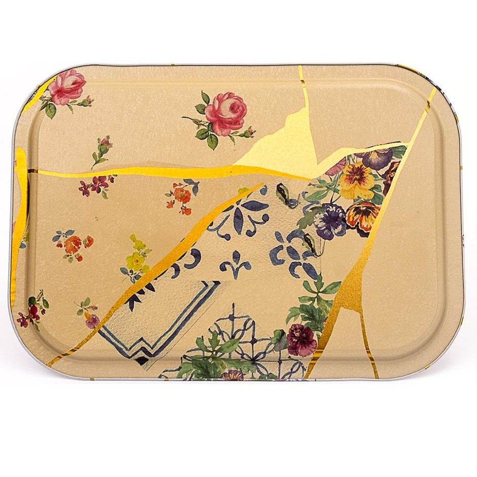 285x400 mm Rectangular Metal Tray Kintsugi Gold vein Flower