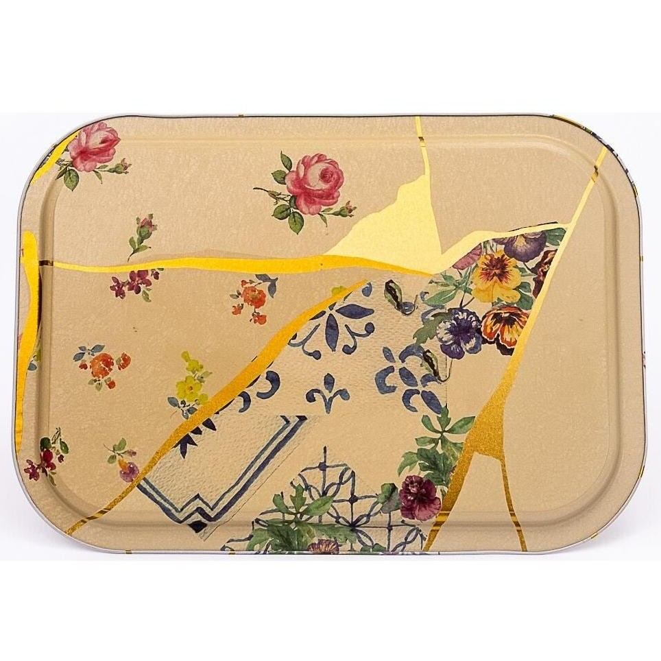 285x400 mm Rectangular Metal Tray Kintsugi Gold vein Flower