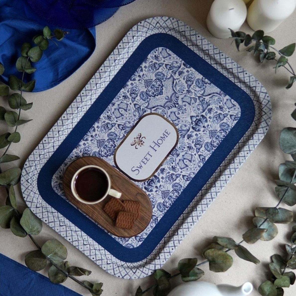 285x400 mm Rectangular Metal Tray Azulejo-Inspired Blue & White Decorative Pattern