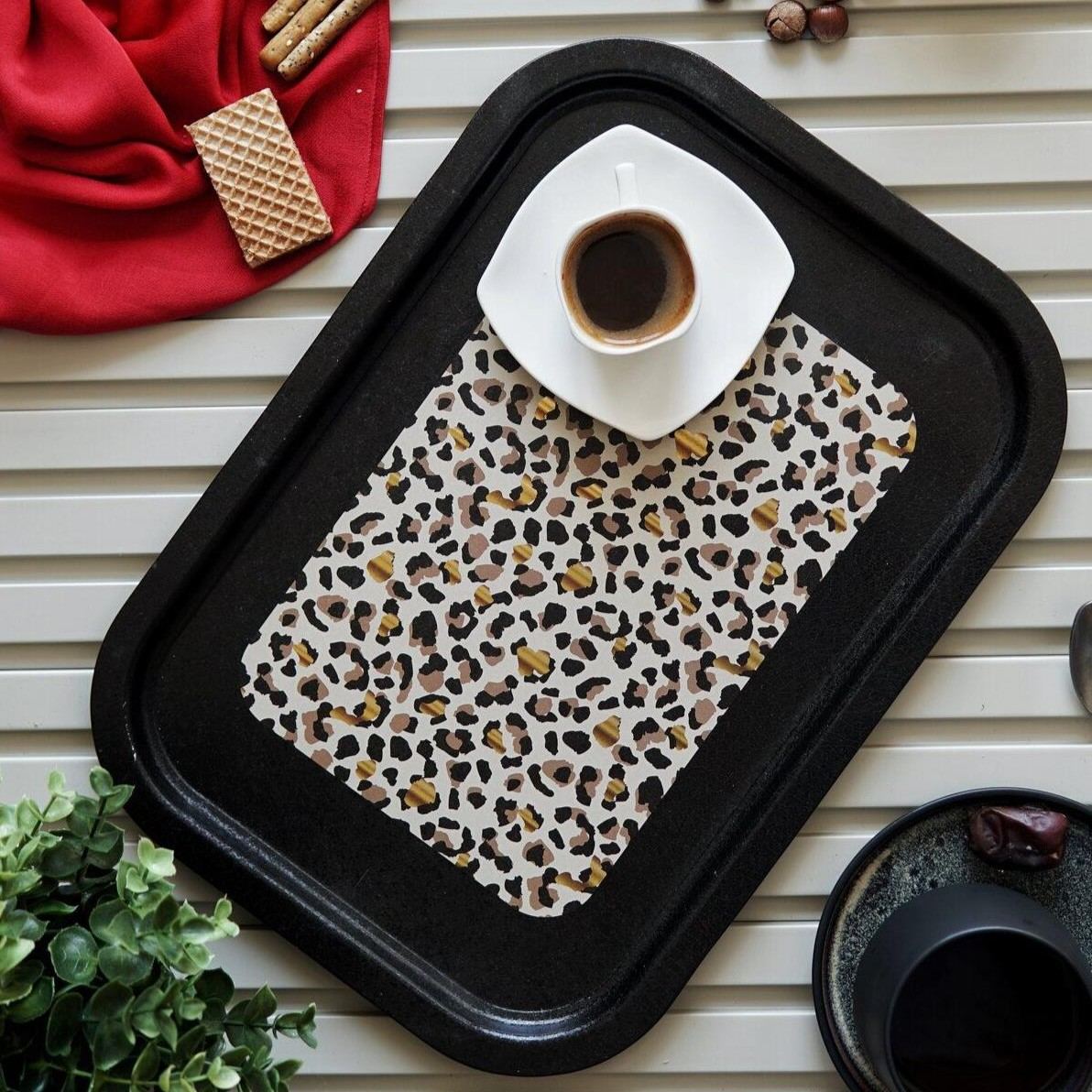 285x400 mm Rectangular Metal Tray Gold Leopard Print Pattern