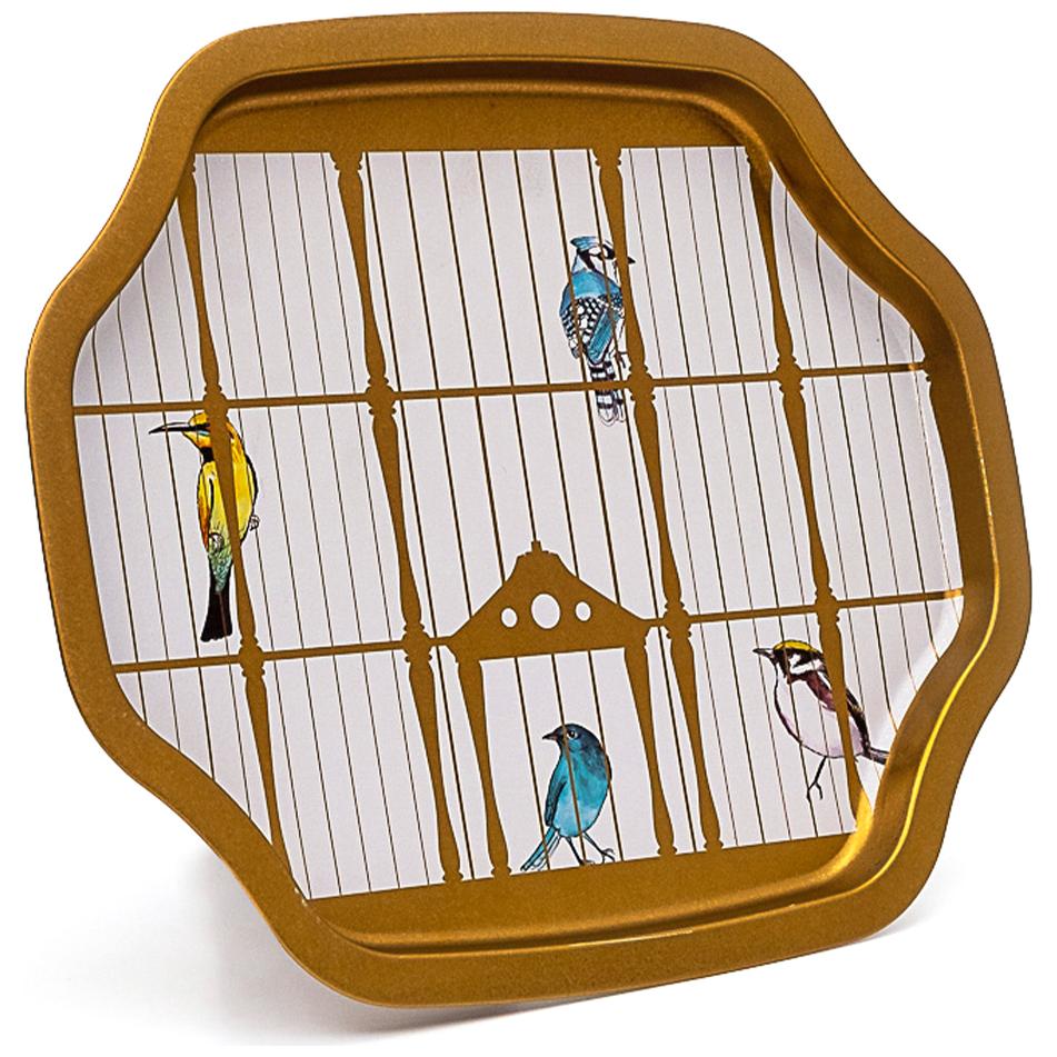 Curved wavy edge Tray 278x332 mm Vintage Birdcage Illustration with Colorful Birds