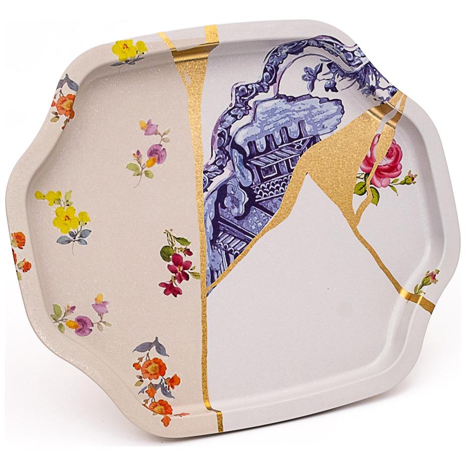 Curved wavy edge Tray  278x332 mm Kintsugi Gold vein Flower 