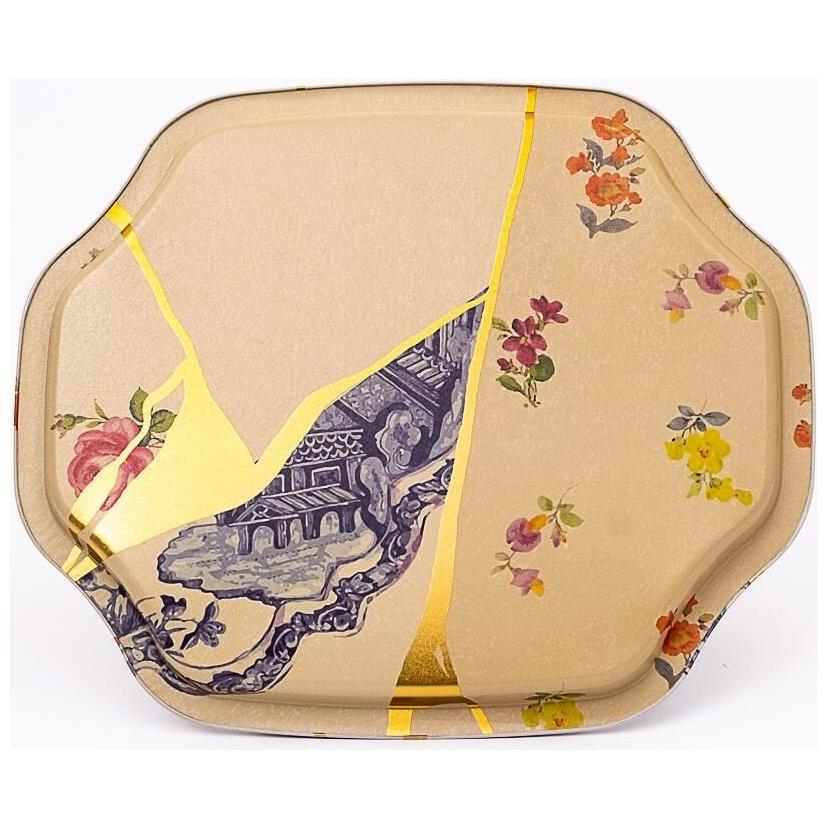 Curved wavy edge Tray 278x332 mm Kintsugi Gold vein Flower