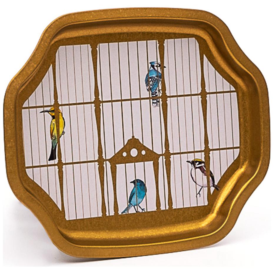 Curved wavy edge Tray 160x190 mm Vintage Birdcage Illustration with Colorful Birds