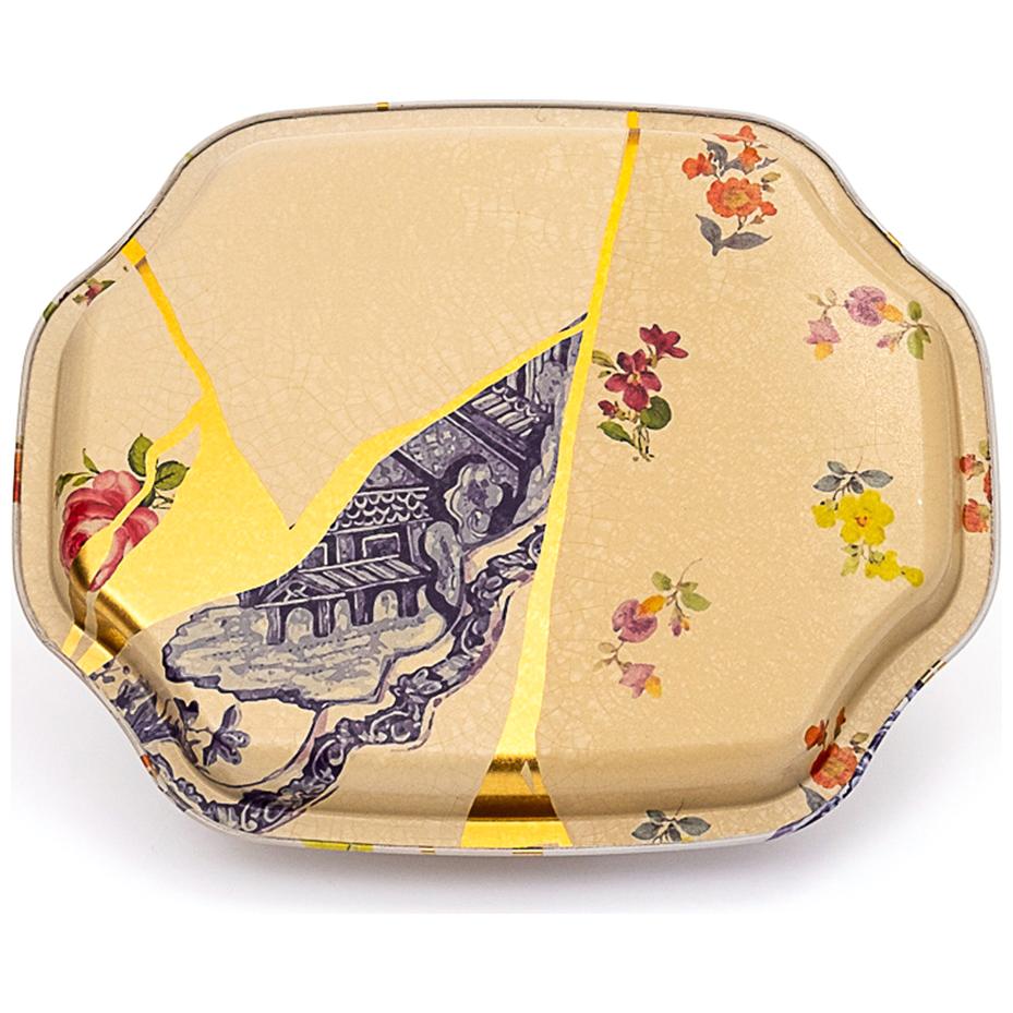 Curved wavy edge Tray  160x190 mm Kintsugi Gold vein Flower 