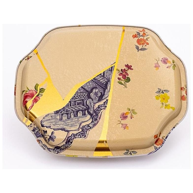 Curved wavy edge Tray  160x190 mm Kintsugi Gold vein Flower 