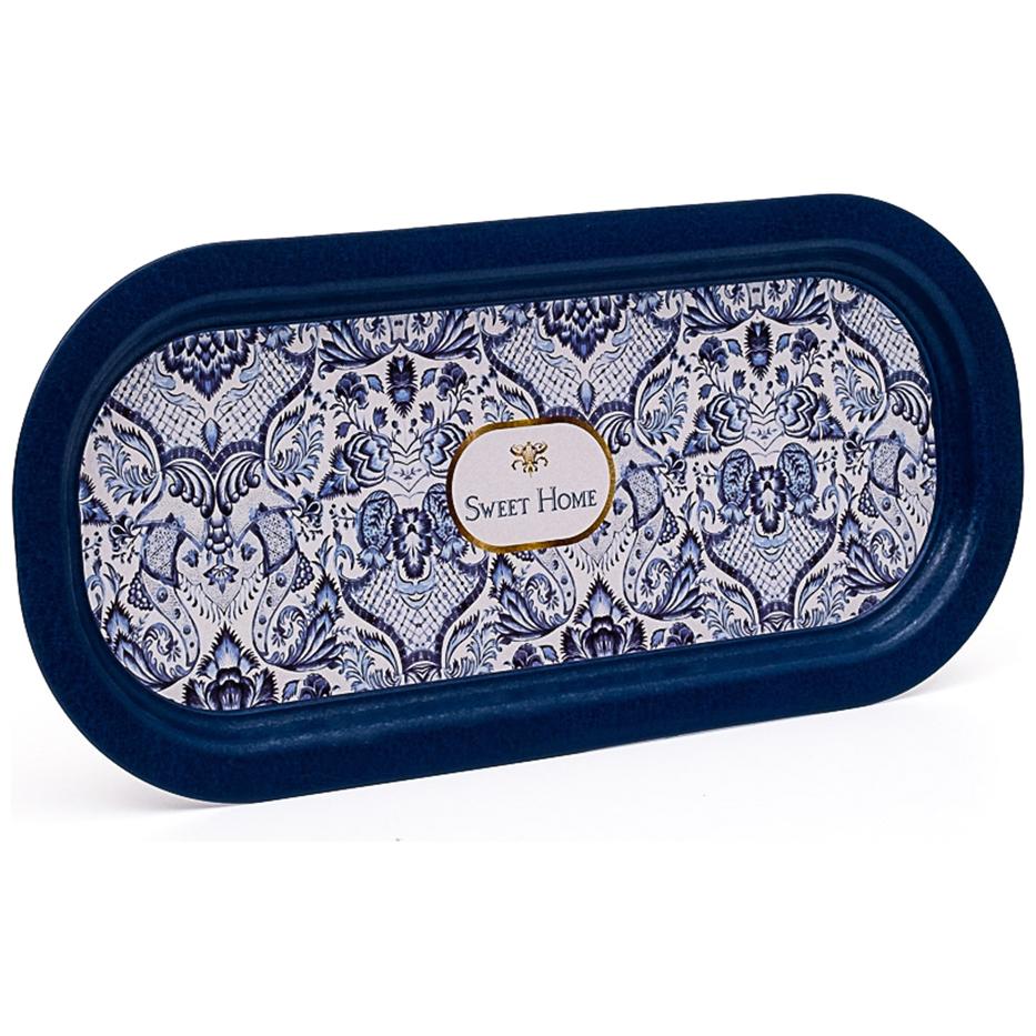 160x350 mm Rectangular Metal Tray Azulejo-Inspired Blue &amp; White Decorative Pattern