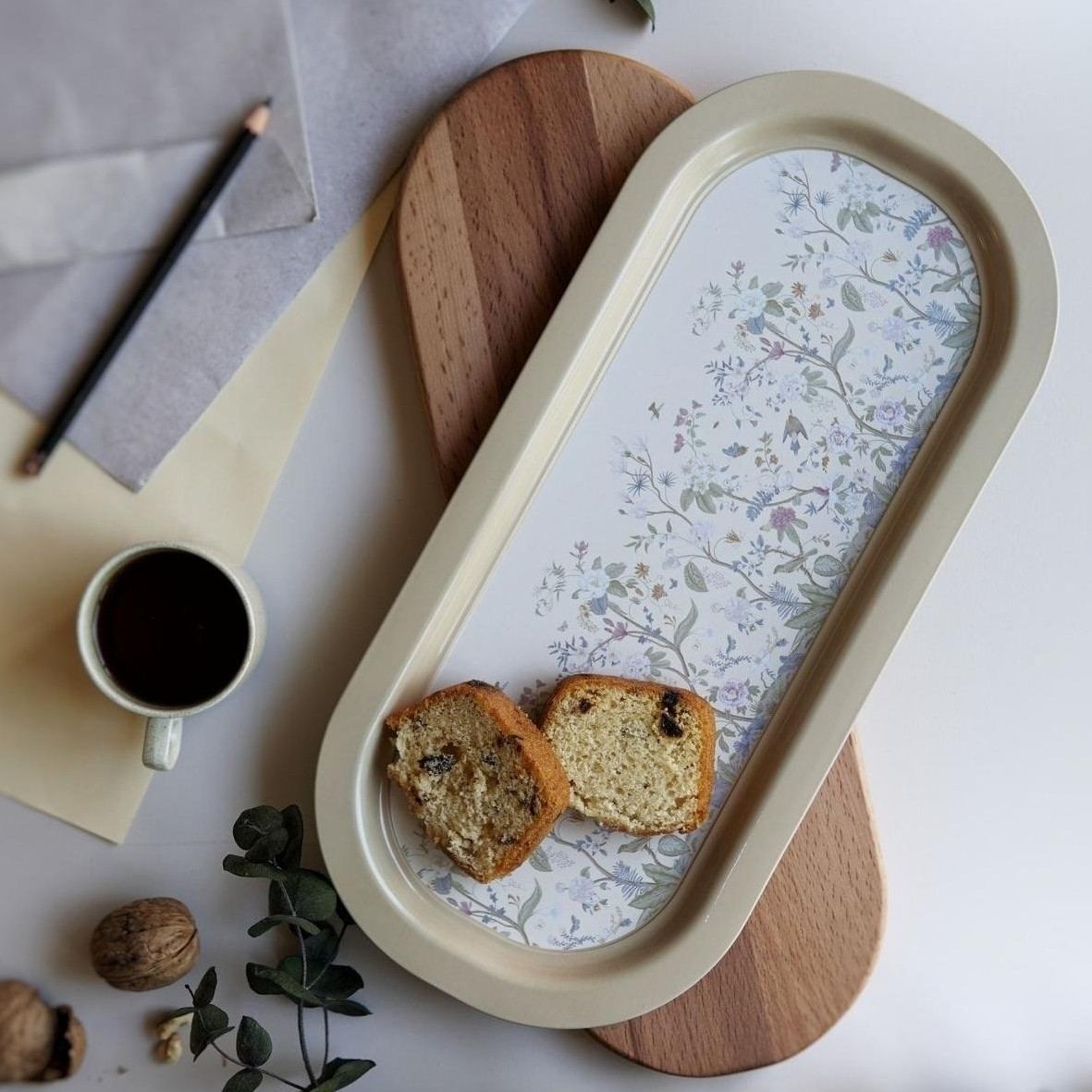 160x350 mm Rectangular Metal Tray Floral Design Pastel Yellow