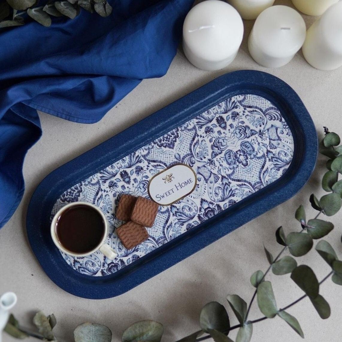 160x350 mm Rectangular Metal Tray Azulejo-Inspired Blue & White Decorative Pattern