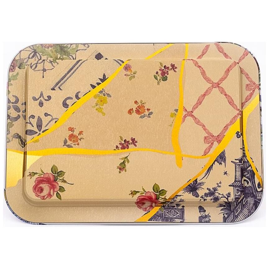 310x430 mm Metal Rectangular Tray Kintsugi Gold vein Flower