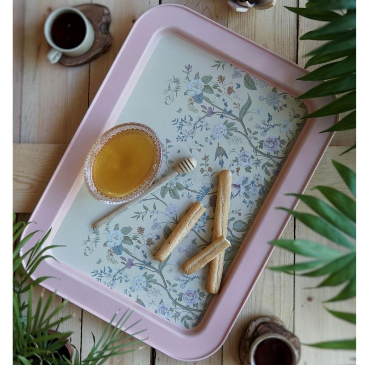 310x430 mm Metal Rectangular Tray Floral Design Pastel Pink