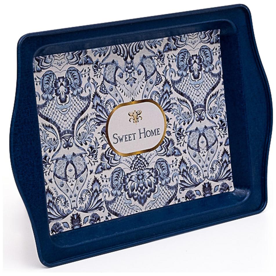160 x 250 mm  Rectangular Metal Tray Handle Azulejo-Inspired Blue &amp; White Decorative Pattern