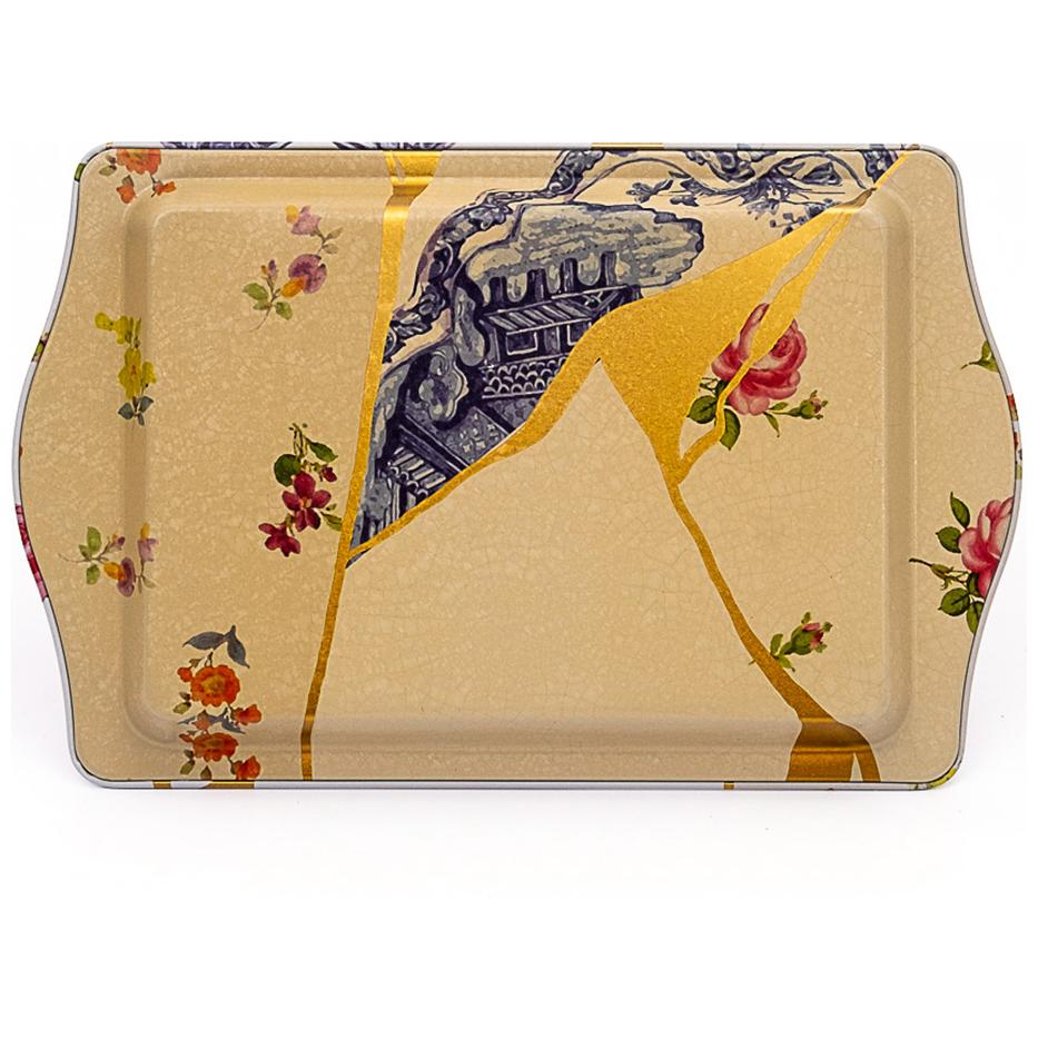 160 x 250 mm Rectangular Metal Tray Handle Kintsugi Gold vein Flower