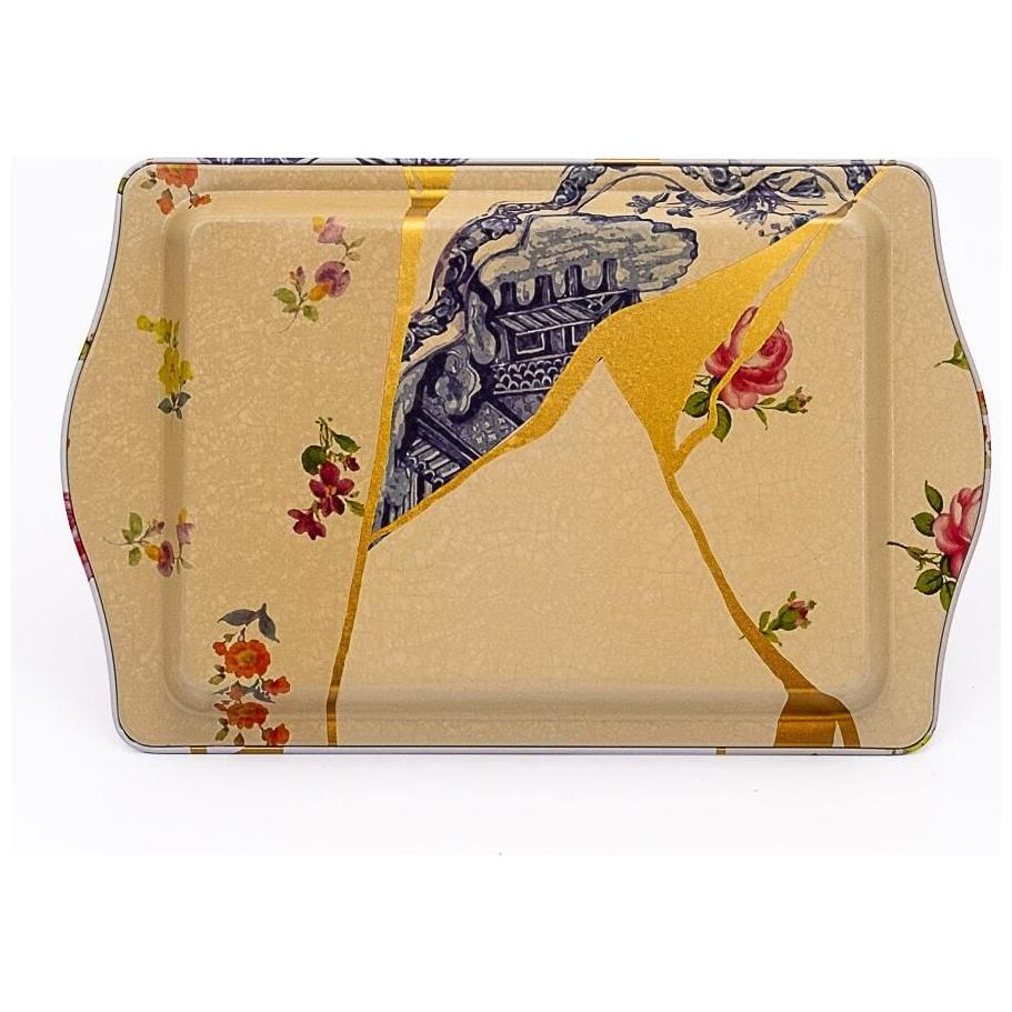 160 x 250 mm Rectangular Metal Tray Handle Kintsugi Gold vein Flower