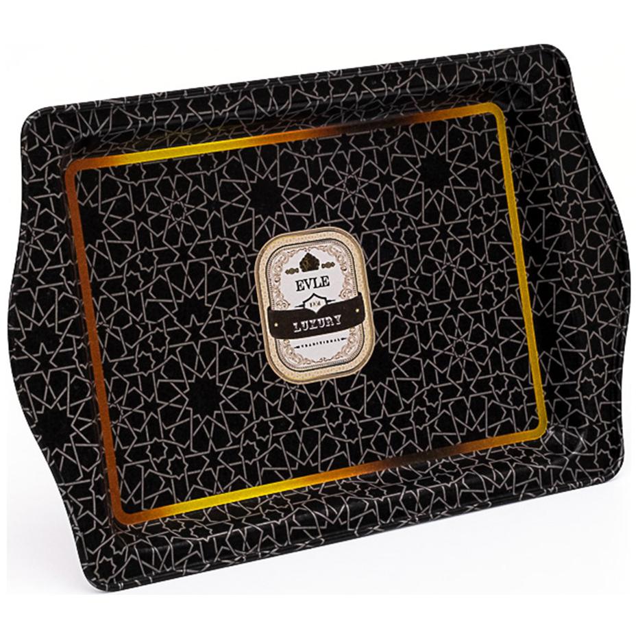 160 x 250 mm Rectangular Metal Tray Handle gold geometric pattern black background