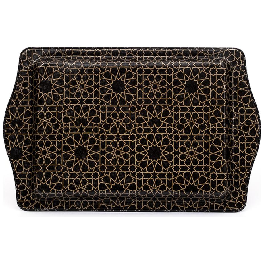160 x 250 mm Rectangular Metal Tray Handle gold geometric pattern black background