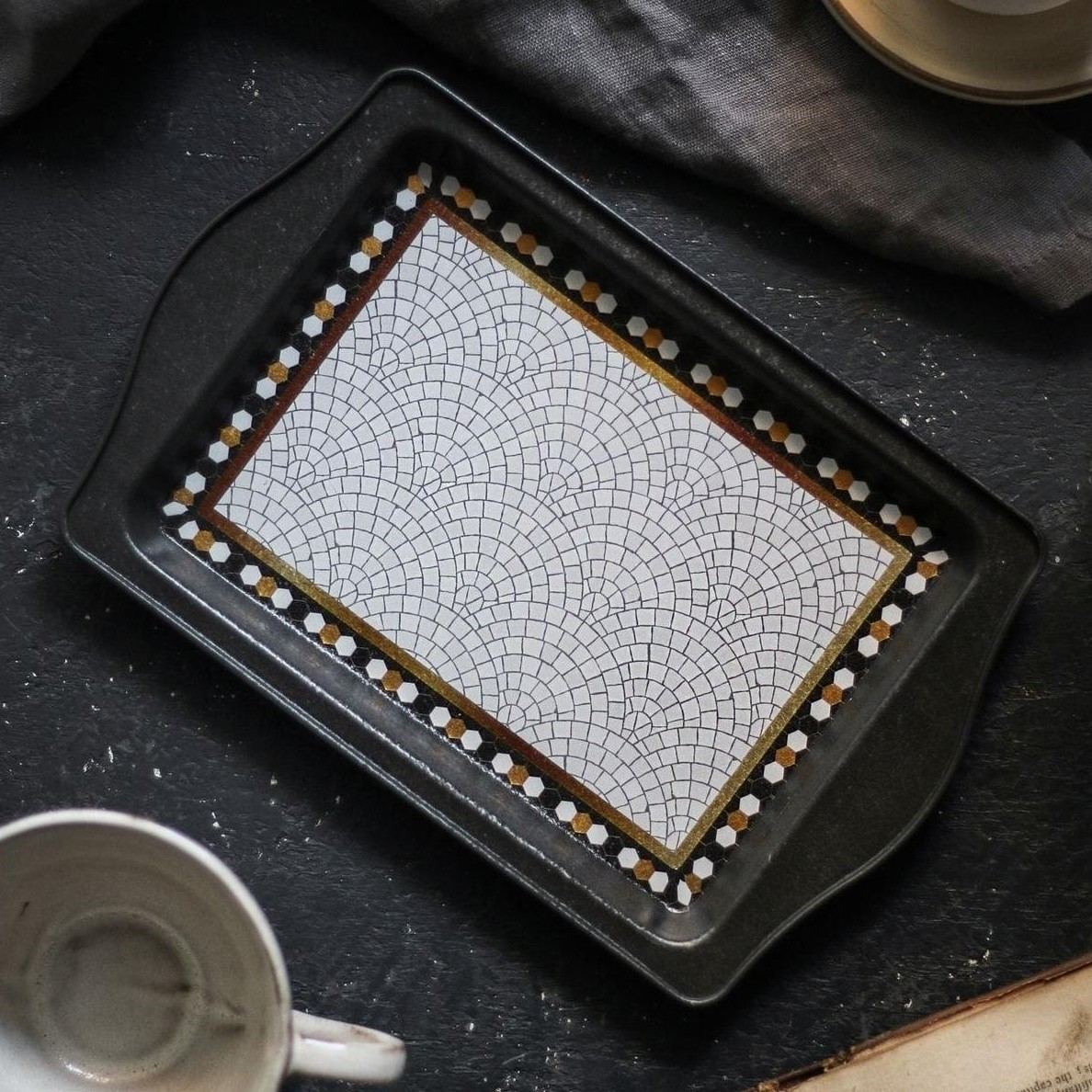 160 x 250 mm Rectangular Metal Tray Handle Geometric Mosaic Pattern