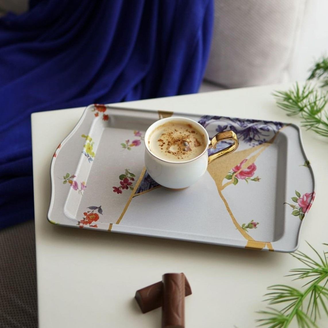160 x 250 mm Rectangular Metal Tray Handle Kintsugi Gold vein Flower