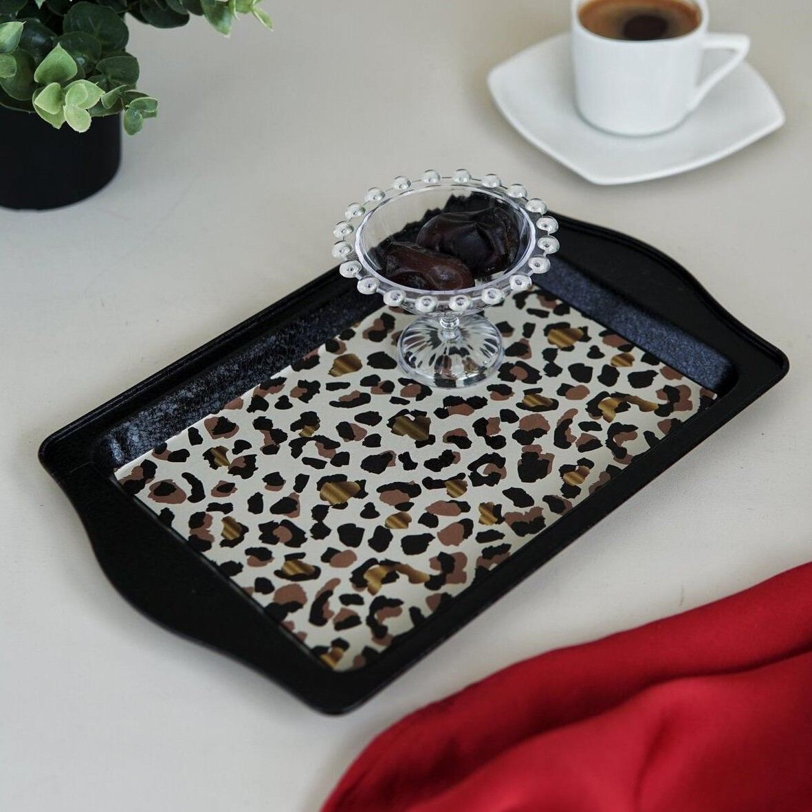 160 x 250 mm Rectangular Metal Tray Handle Gold Leopard Print Pattern
