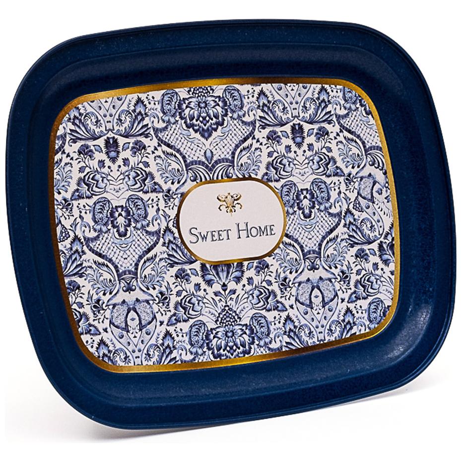 235 x 305 mm Metal Rectangular Tray Azulejo-Inspired Blue &amp; White Decorative Pattern