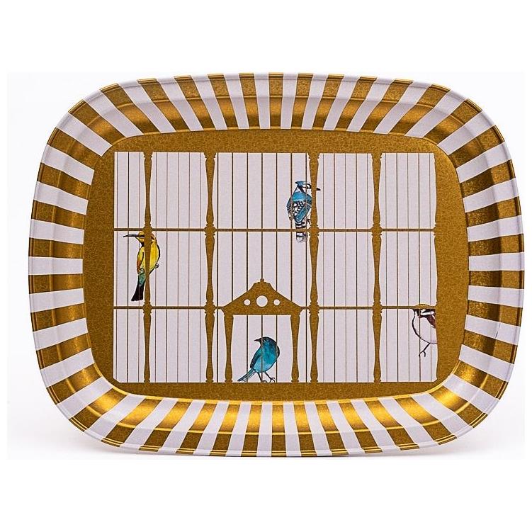 235 x 305 mm Metal Rectangular Tray Vintage Birdcage Illustration with Colorful Birds