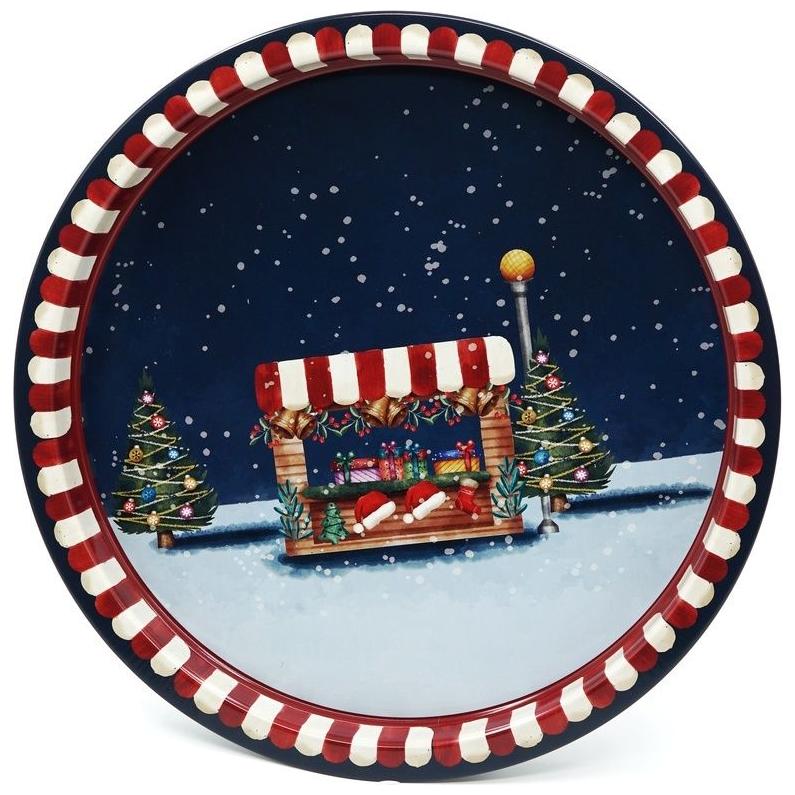 Ø315 mm Round Metal Tray Gold Snow Crystal red background