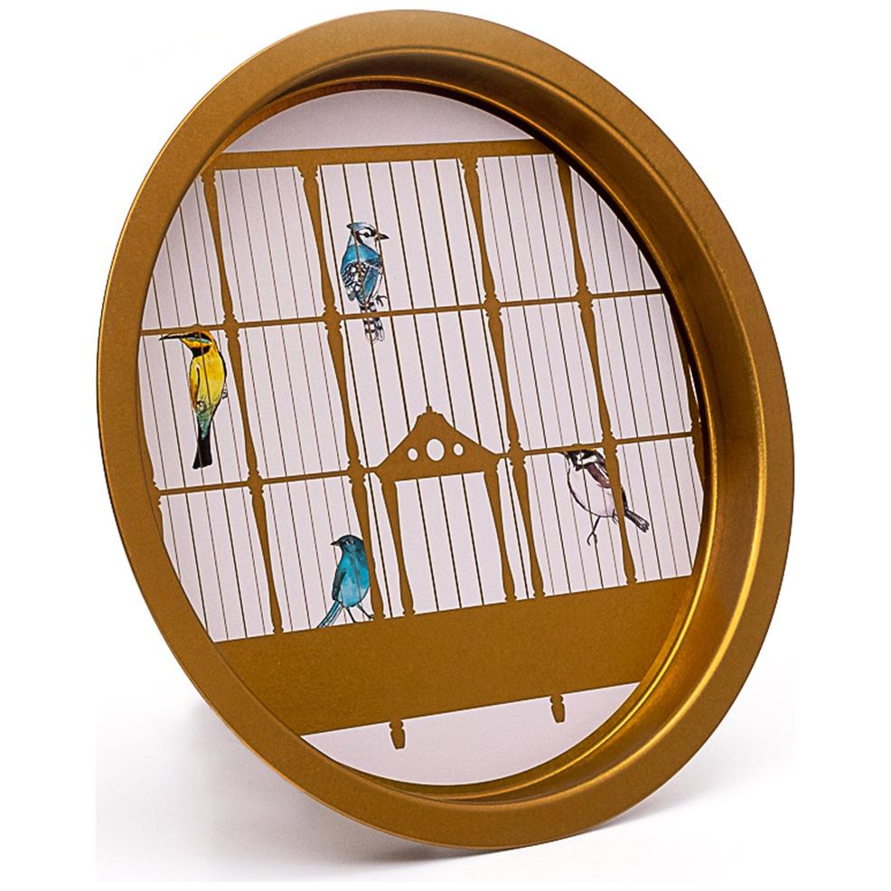 Ø315 mm Round Metal Tray  Vintage Birdcage Illustration with Colorful Birds
