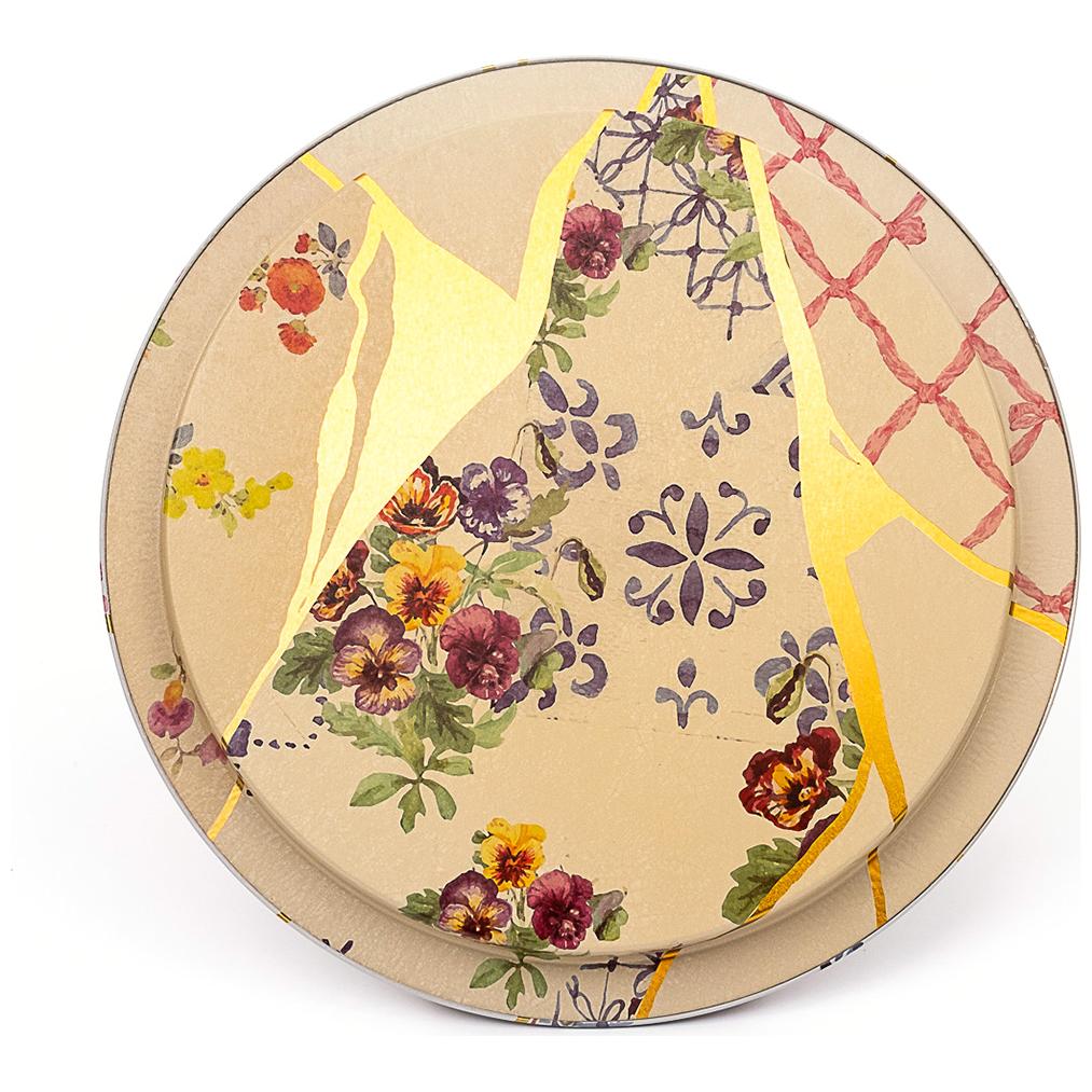 Ø315 mm Round Metal Tray Kintsugi Gold vein Flower