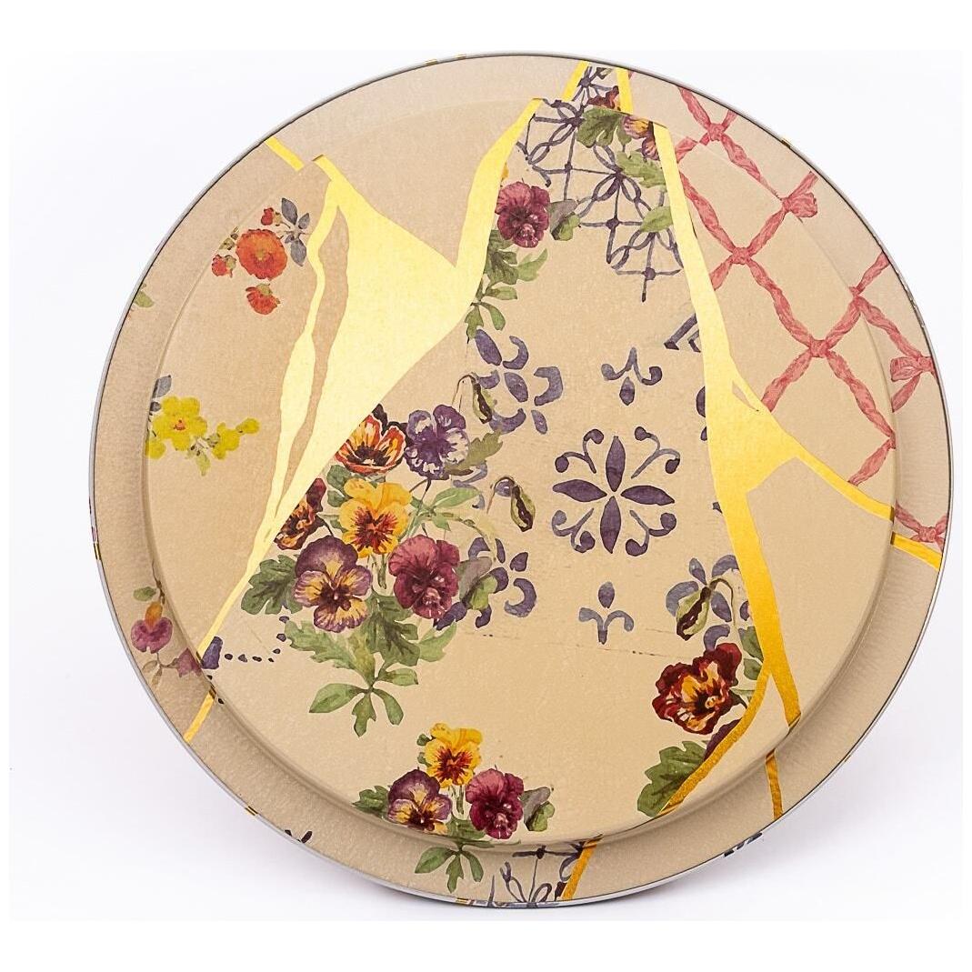 Ø315 mm Round Metal Tray Kintsugi Gold vein Flower