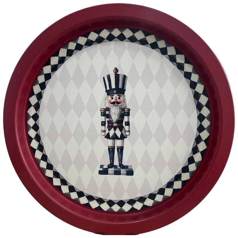 Ø315 mm Round Metal Tray  Nutcracker, striped pattern, checkered border