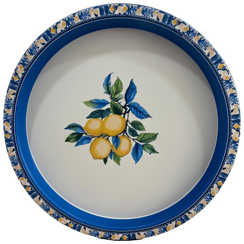 Ø315 mm Round Metal Tray   Vintage Floral  Elegant Blue Bow &amp; Gold