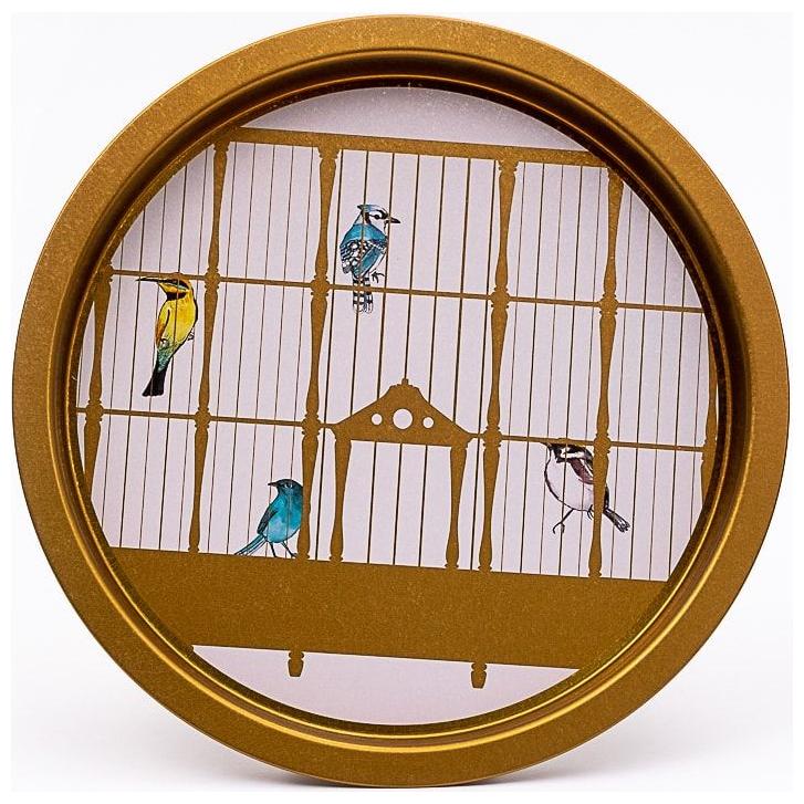 Ø315 mm Round Metal Tray  Vintage Birdcage Illustration with Colorful Birds