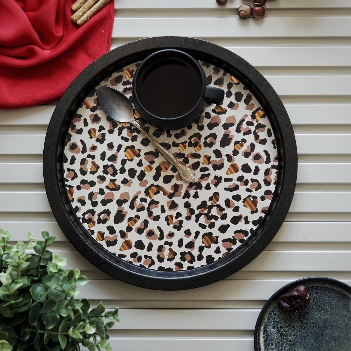 Ø315 mm Round Metal Tray Gold Leopard Print Pattern