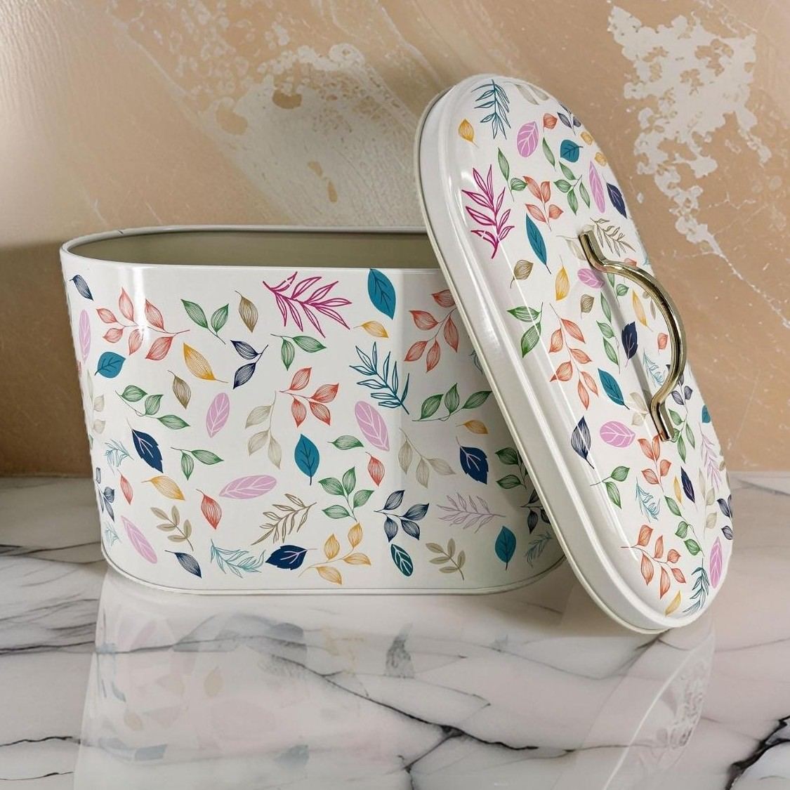178 x 338 x 200 mm Metal Bread Box  Metal Handle 9.8L Leaf pattern 